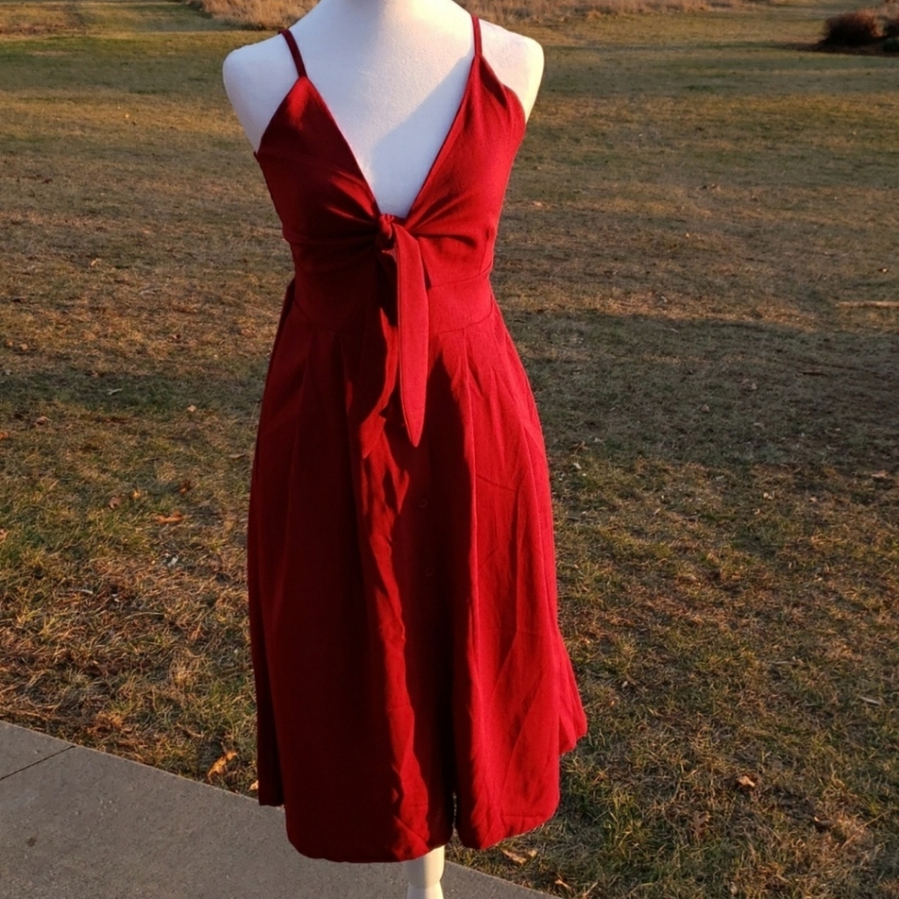 NWT Burgendy Tie Front Fit and Flare Button Down Sundress - Picture 2 of 11